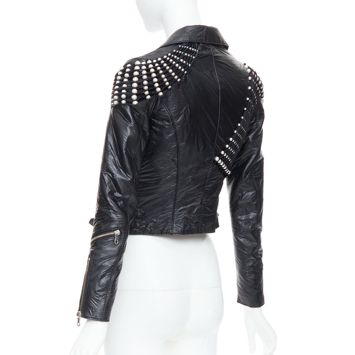 NOIR KEI NINOMIYA 2014 black faux leather pearl bead cropped jacket S