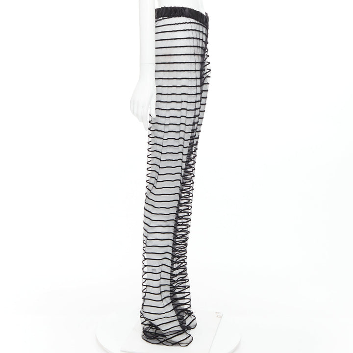 DRIES VAN NOTEN black flocked mesh striped sheer straight leg pants FR38 M