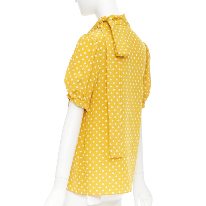 CELINE  100% silk yellow polka dot side pussybow puff sleeves blouse top FR36 S