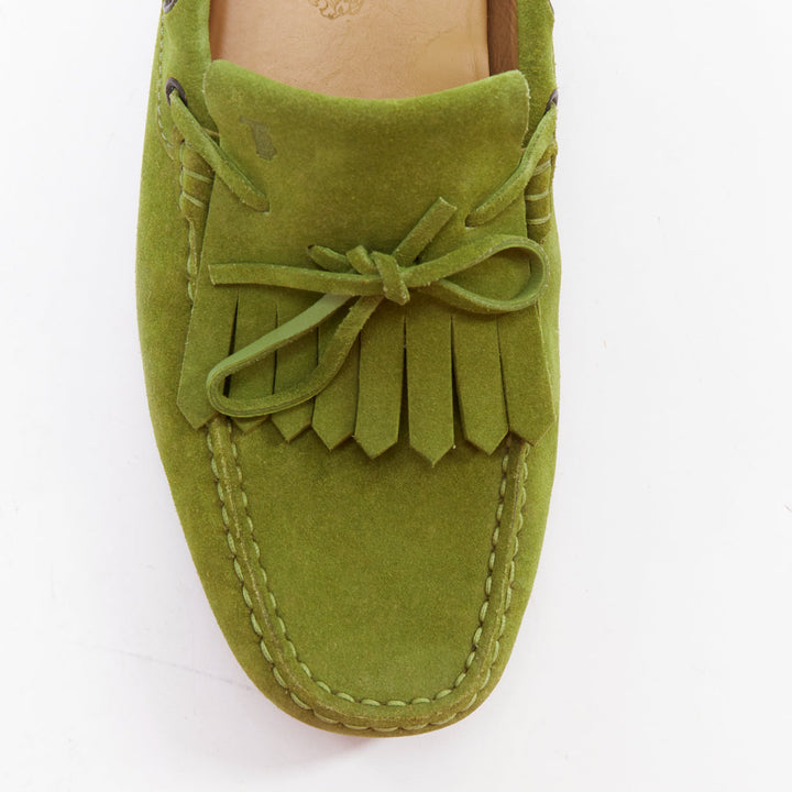 TOD'S moss green suede leather fringe tongue dot sole driving loafer UK7 EU41