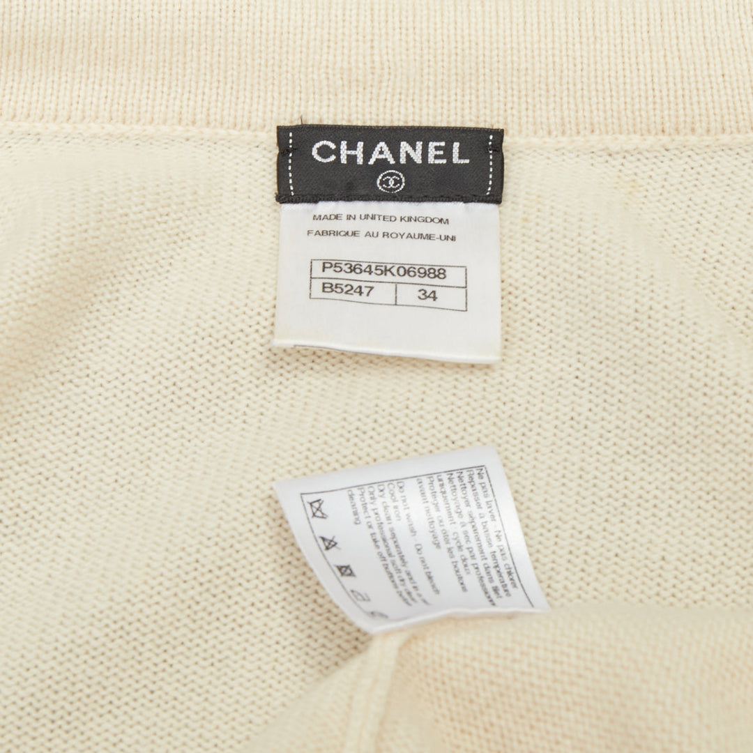 CHANEL 2015 ivory navy blue contrast trim rib pocket cashmere cardigan FR34 XS