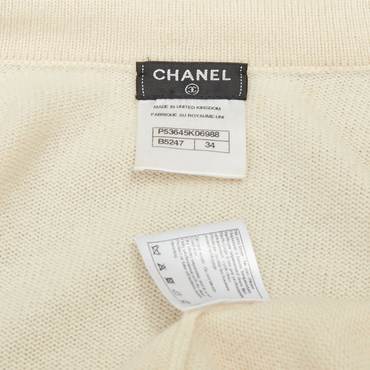 CHANEL 2015 ivory navy blue contrast trim rib pocket cashmere cardigan FR34 XS