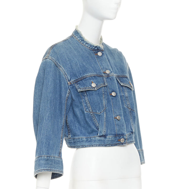 DRIES VAN NOTEN 2017 blue washed distressed 3/4 sleeve crop denim jacket FR38 M