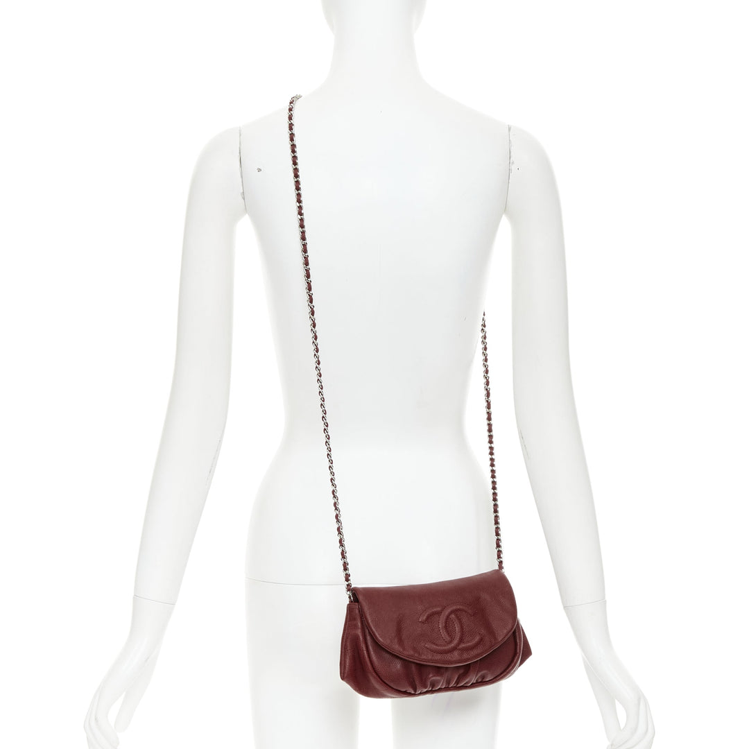 CHANEL Half Moon red grained leather CC quilted flap crossbody WOC bag