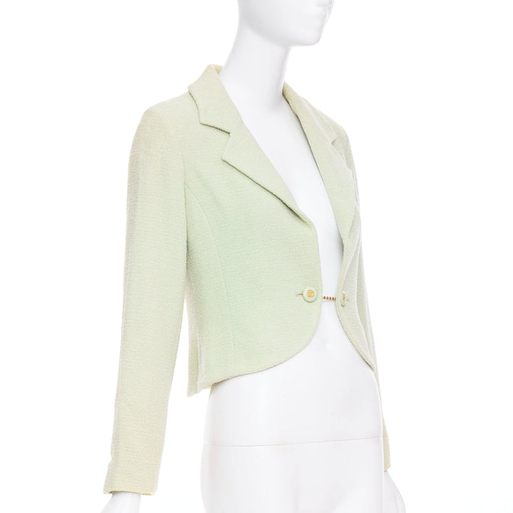 CHANEL 94P Vintage mint green boucle wool chain buttons cropped jacket FR42 XL