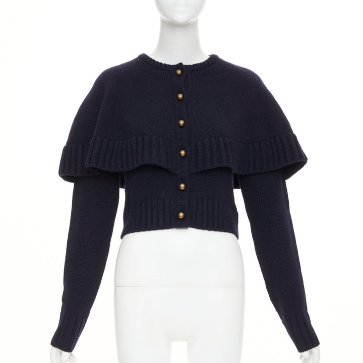 CHLOE 2024 Runway navy wool cashmere bronze globe buttons cape cardigan XS