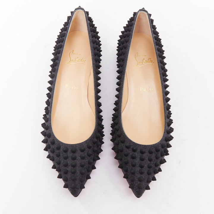 CHRISTIAN LOUBOUTIN Pigalle Spikes Flat grey flannel studded ballerina EU37.5