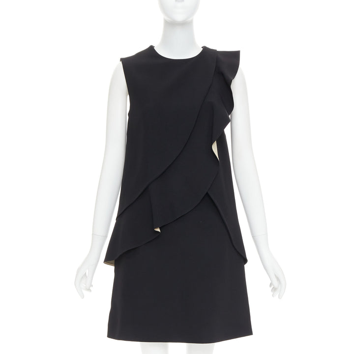 CHLOE black crepe cream silk trim asymmetric ruffle shift dress FR36 S