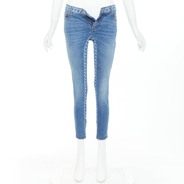 CHANEL 2019 blue cotton chain print side skinny stretch denim crop jeans FR34 XS