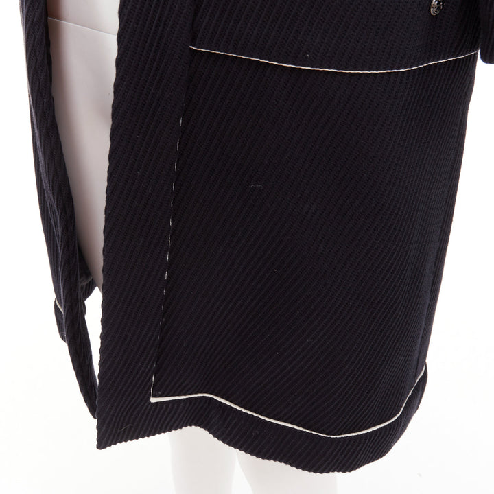 CHANEL 2015 Runway black cotton diagonal corded contrast satin piped coat FR36 S