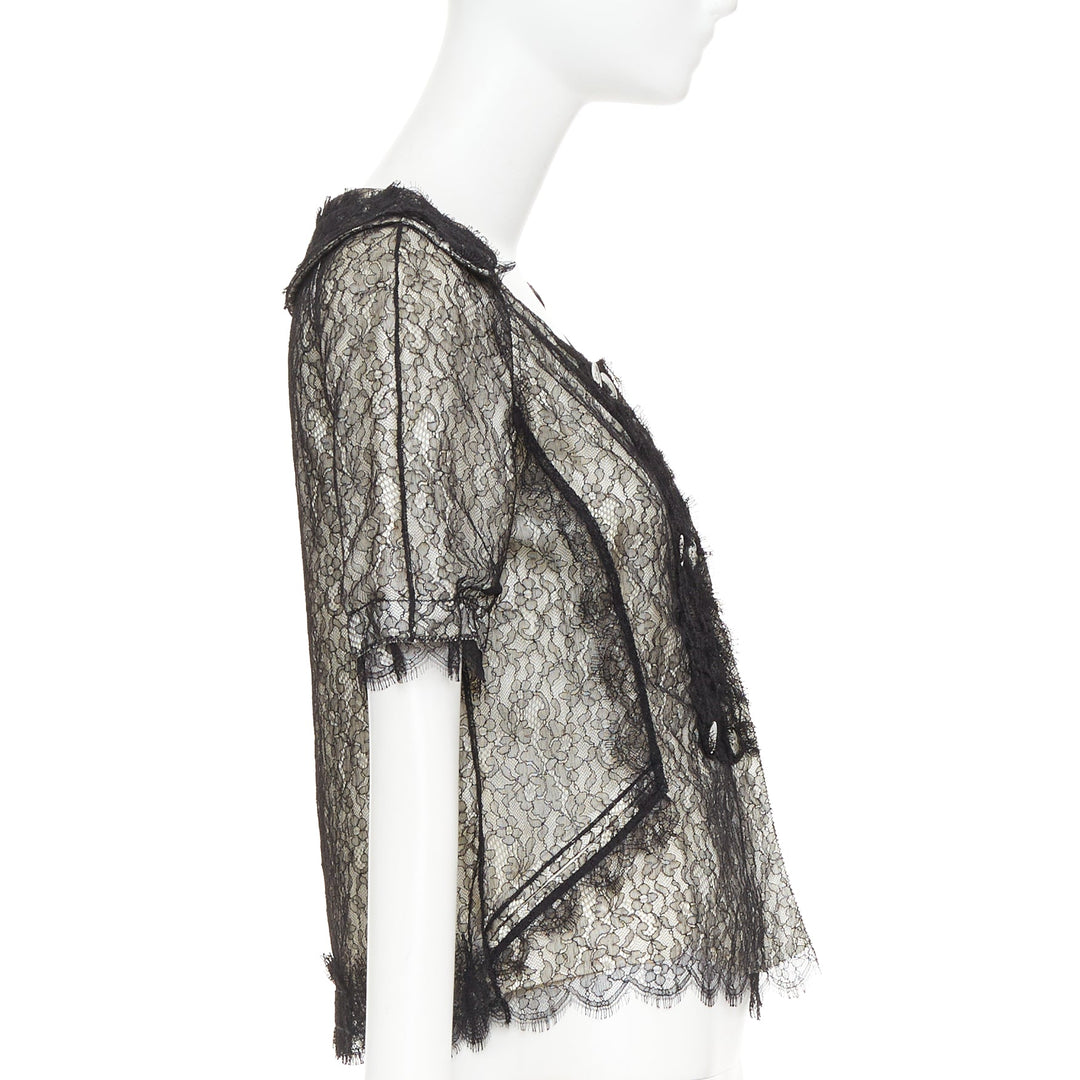 NINA RICCI black lace holographic buttons scallop double breasted blouse IT38 XS