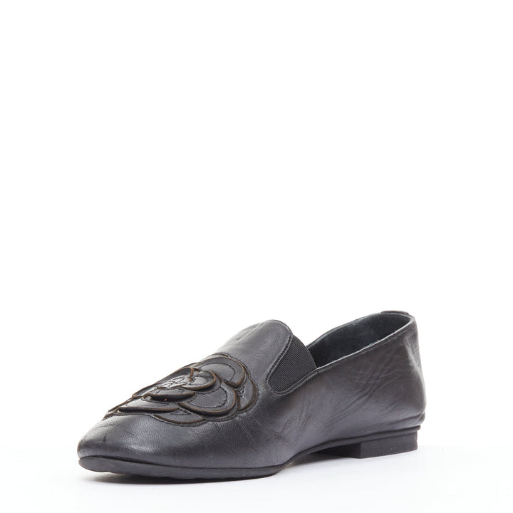 CHANEL black leather silver CC logo camellia flat loafer EU36.5