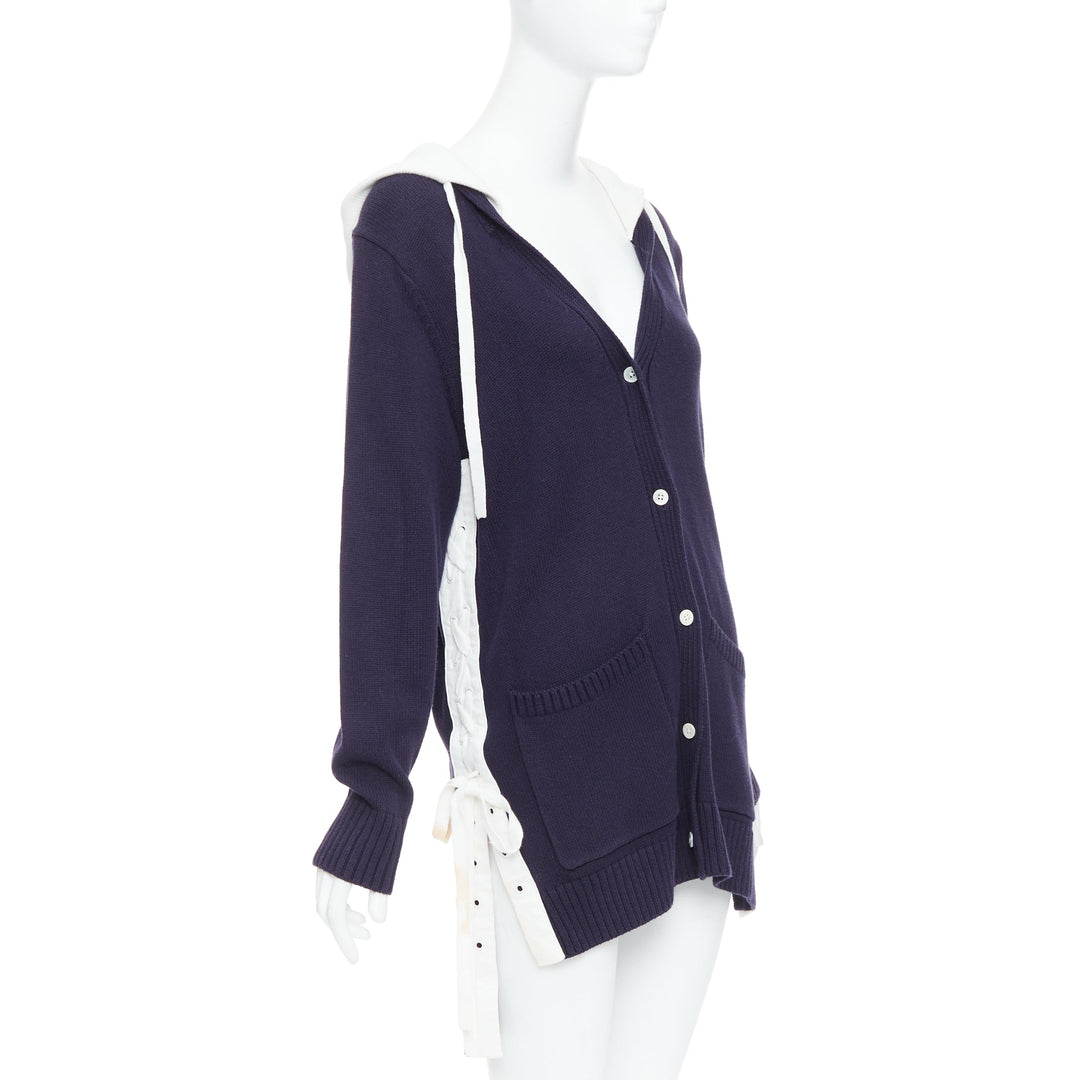 MONSE navy white cotton blend laced side hooded cardigan XS