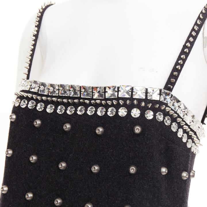 rare MIU MIU 2021 Runway grey wool embellished collar studded mini dress IT40 S