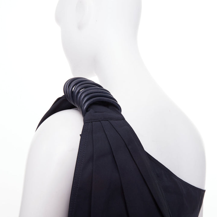 MAX MARA Sfilata black asymmetric draped cotton leather trim midi dress IT36 XXS