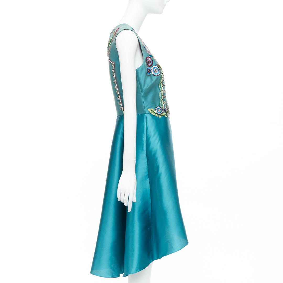 MARCHESA NOTTE Mikado Runway teal blue bead embroidery high low dress US6 M