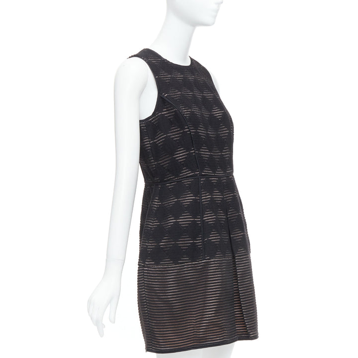 TIBI black diamond checkered embroidered stripe fit flared dress US4 S