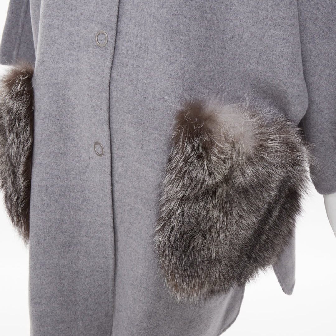 INTUITION PARIS grey cashmere wool real fur hooded removable collar cape coat S