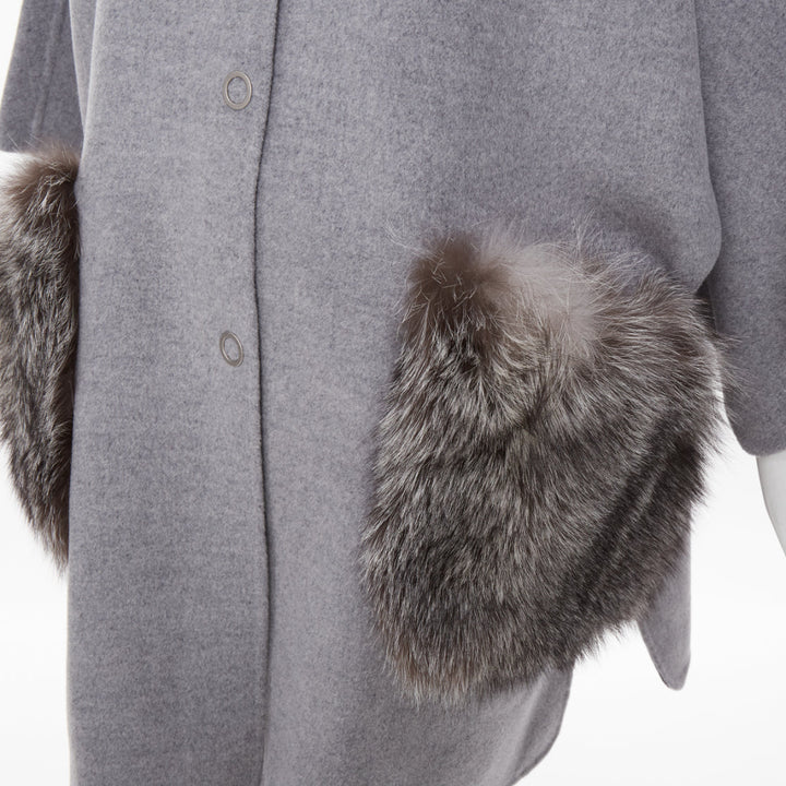 INTUITION PARIS grey cashmere wool real fur hooded removable collar cape coat S