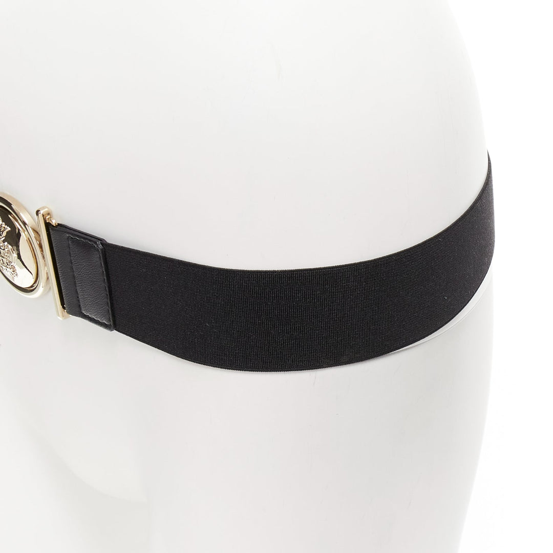 EMILIO PUCCI gold crest logo buckle black fabric stretch skinny belt IT38 XS