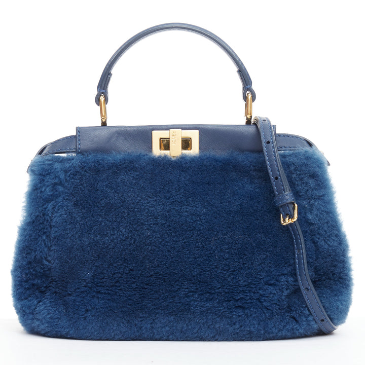 FENDI Peekaboo blue shearling fur gold hardware turnlock crossbody satchel