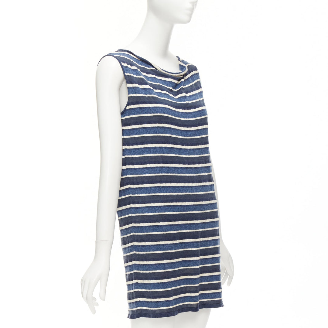 CHANEL 07P blue cream striped cotton silk blend CC cowl neck mini dress FR36 S