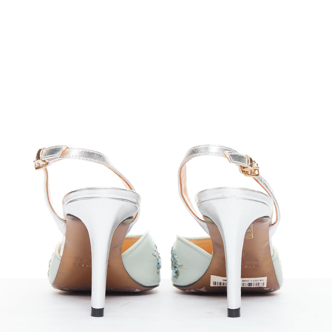 SHIATZY CHEN mint green leather embroidered floral sling pumps EU36