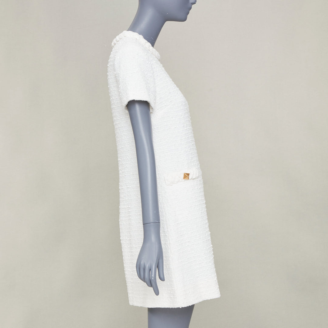 VALENTINO 2021 Roman Stud optical white cotton tweed short sleeve dress IT40 S