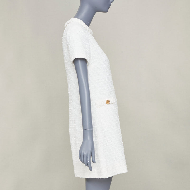 VALENTINO 2021 Roman Stud optical white cotton tweed short sleeve dress IT40 S