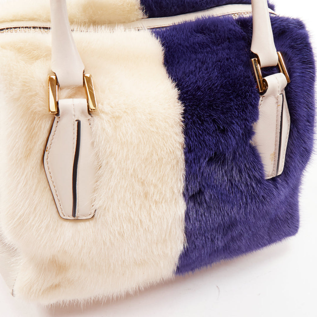 TOD'S D Cube Bauletto cream blue fur white leather GHW bowler bag