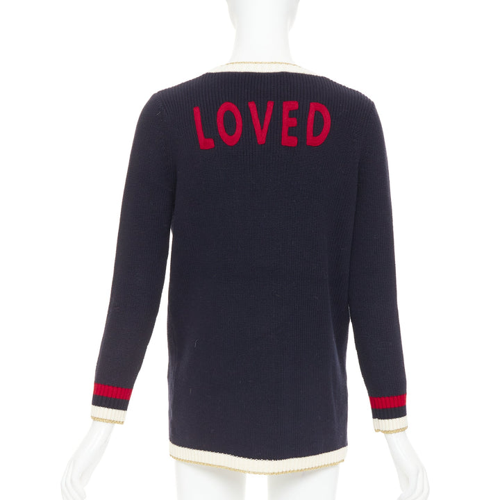 GUCCI Alessandro Michele navy cotton blend web pearl button cardigan XS