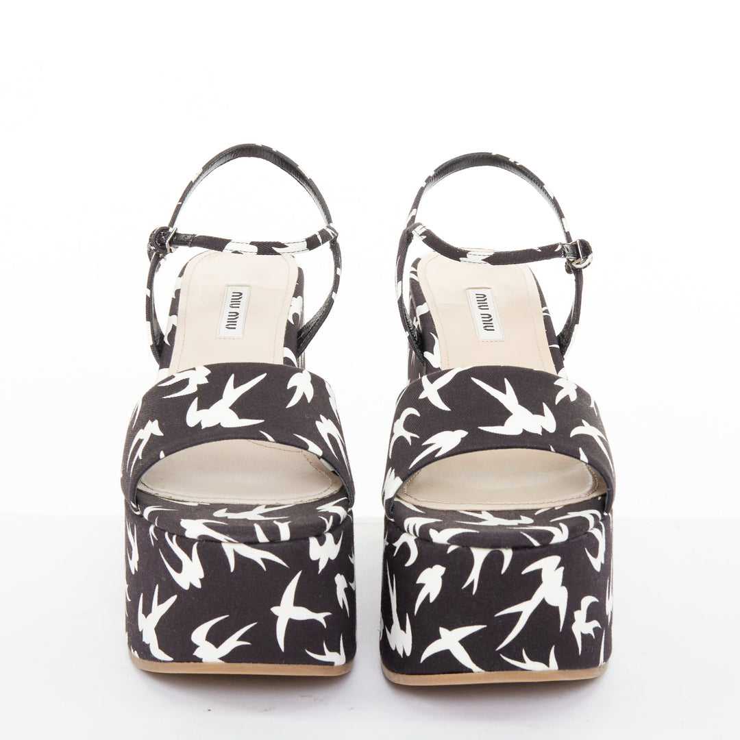 MIU MIU 2010 Runway swallow print navy canvas open toe platform wedge EU39