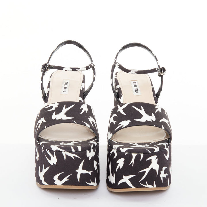 MIU MIU 2010 Runway swallow print navy canvas open toe platform wedge EU39