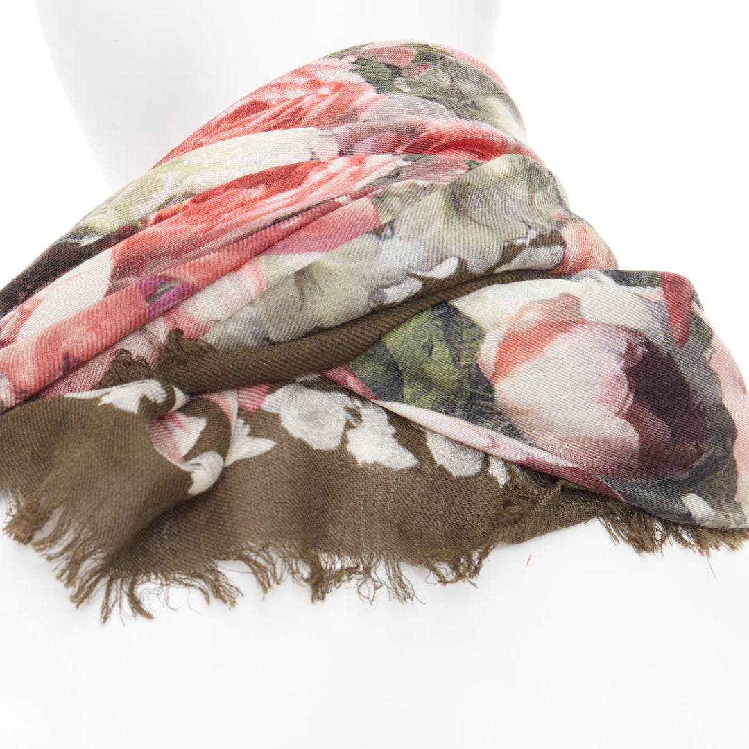 GIVENCHY Riccardo Tisci pink olive green wool silk rose print fringed trim scarf