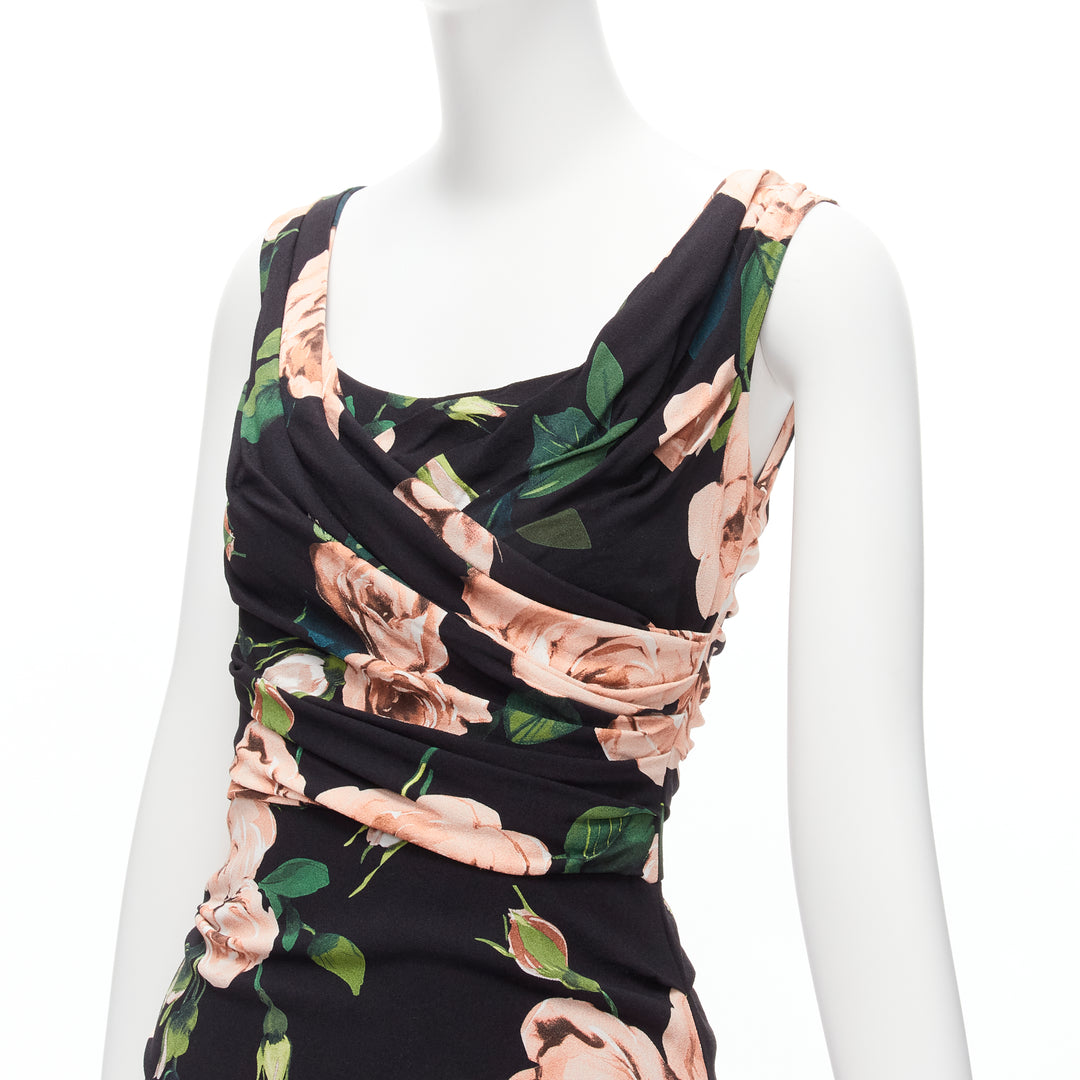 DOLCE GABBANA black pink rose print silk lined draped mid cocktail dress IT38 XS