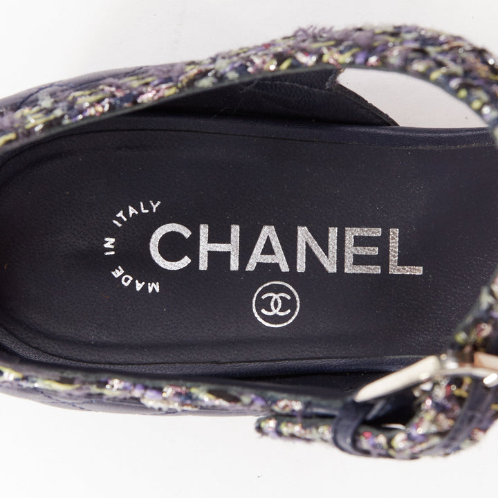 CHANEL navy quilted lambskin leather metallic tweed mary jane sandals EU39