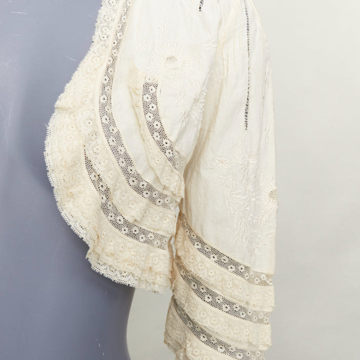 ANNA SUI cream cotton intricate lace floral embroidery ruffle trim bolero jacket