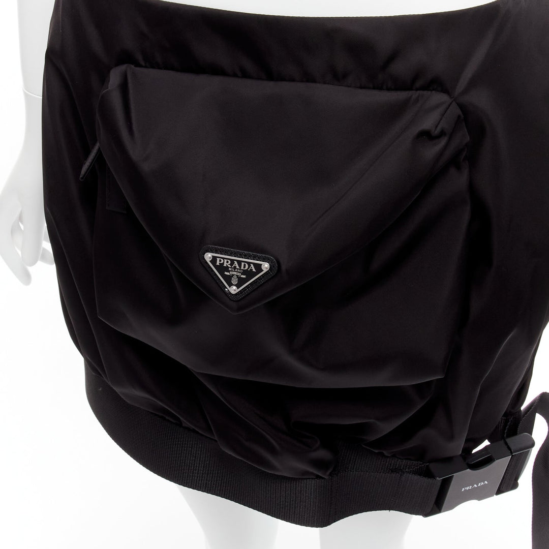 PRADA 2020 Re Nylon black Symbole front pocket buckle bubble skirt IT38 XS