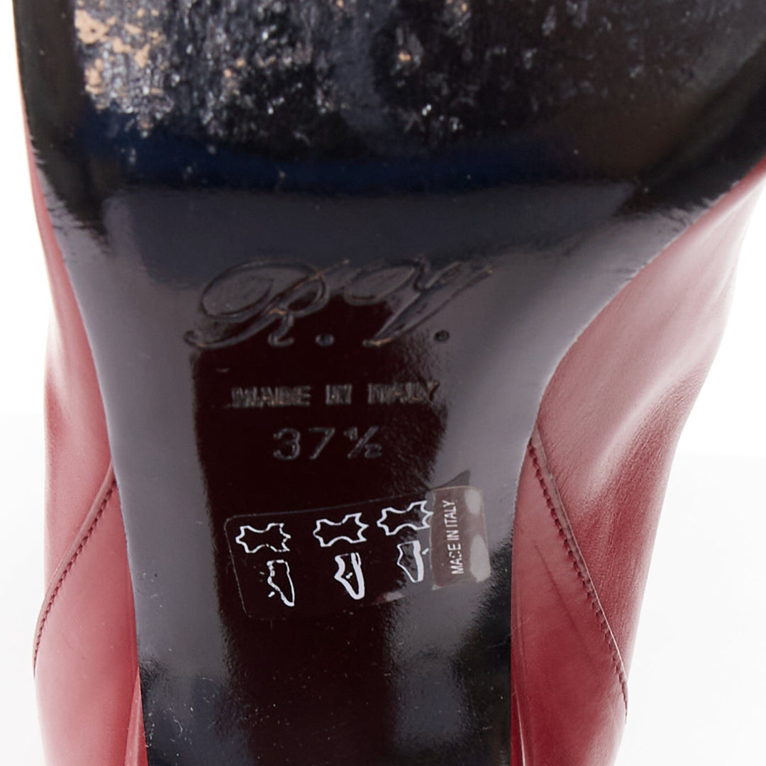ROGER VIVIER red calfskin leather silver square buckles block heel boots EU37.5