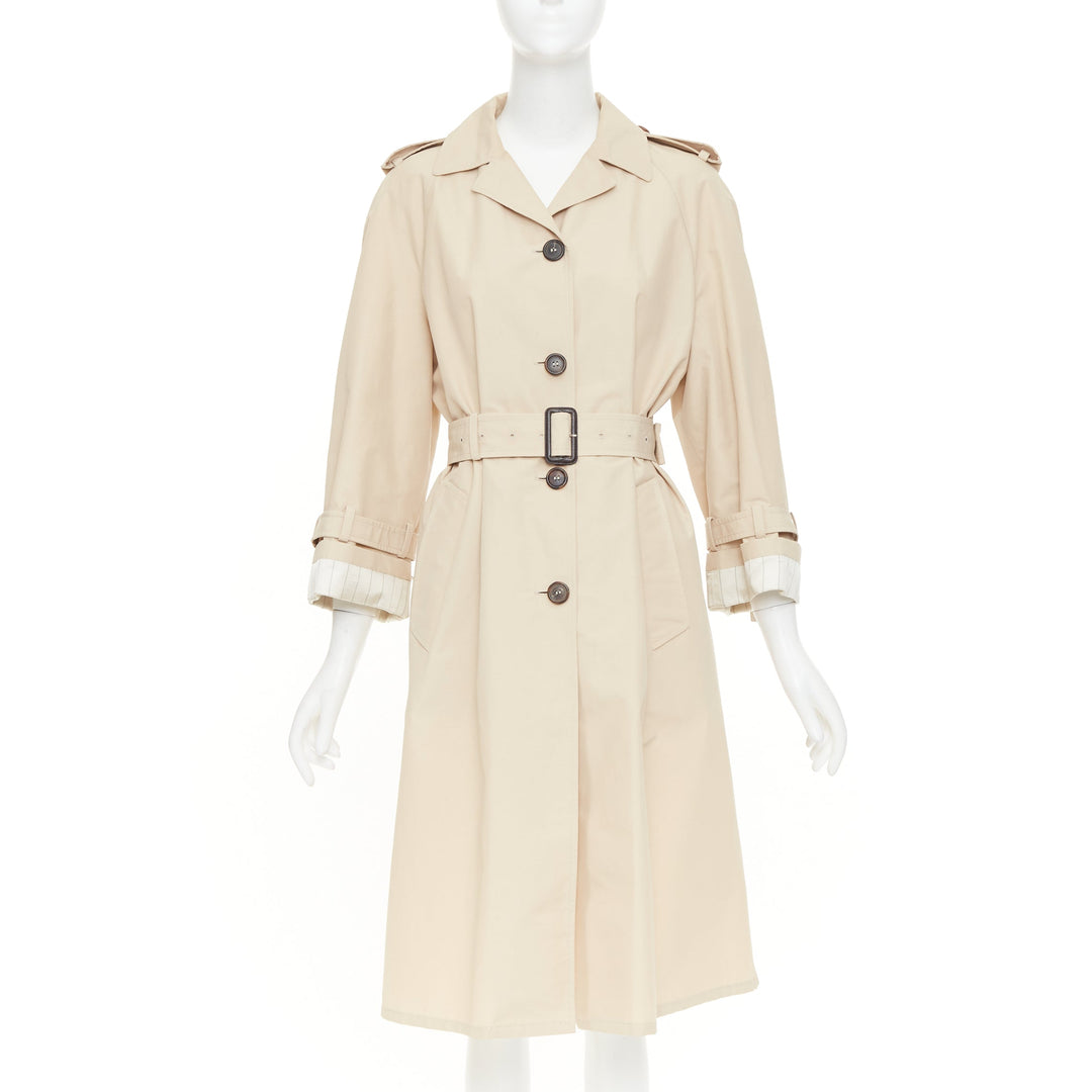 PRADA 2019 beige cotton pinstriped lined raglan sleeves trench coat IT36 XXS