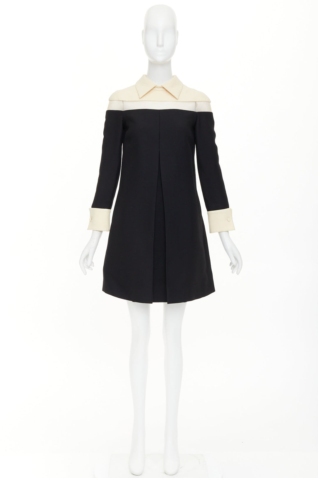 VALENTINO 2014 black beige sheer tulle wool silk inverted pleat dress IT40 S