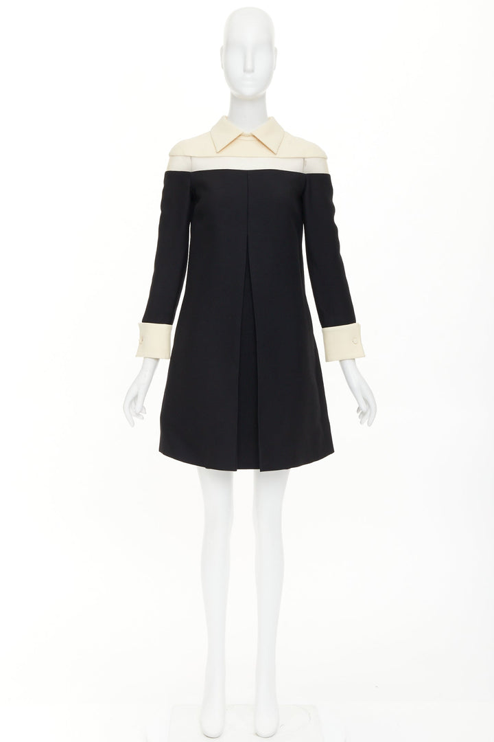 VALENTINO 2014 black beige sheer tulle wool silk inverted pleat dress IT40 S