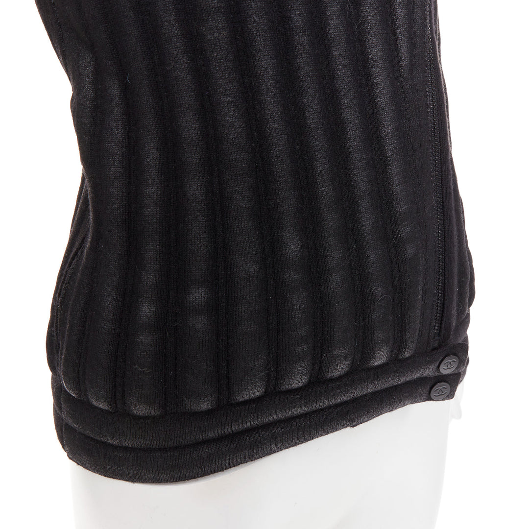 CHANEL 100% wool black metallic coated CC logo tubular pad biker jacket FR34 XS