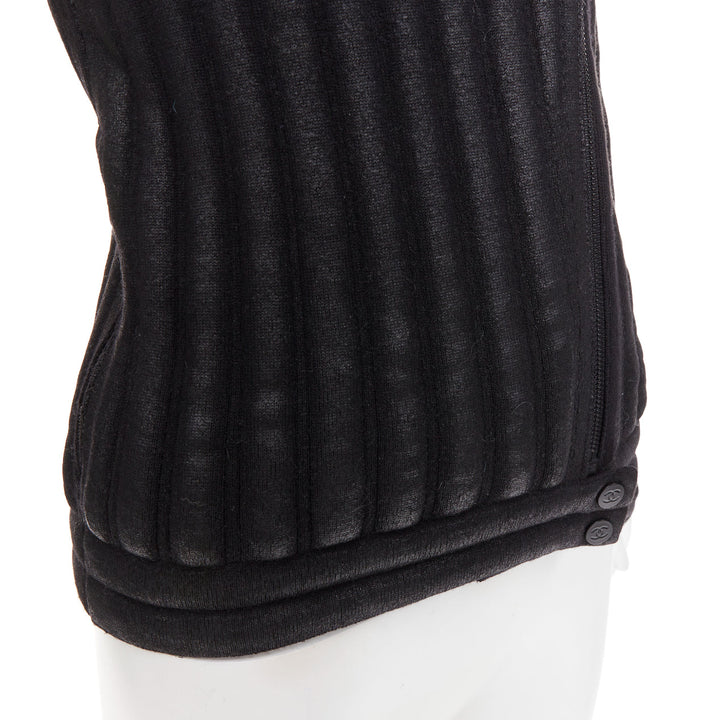 CHANEL 100% wool black metallic coated CC logo tubular pad biker jacket FR34 XS