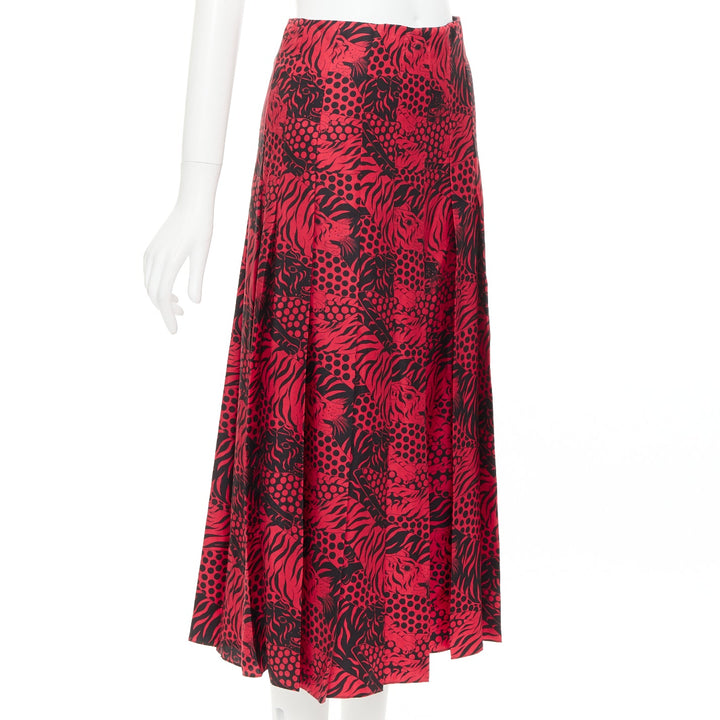 GUCCI 2018 Michele black red 100% silk tiger print pleated midi skirt IT38 XS