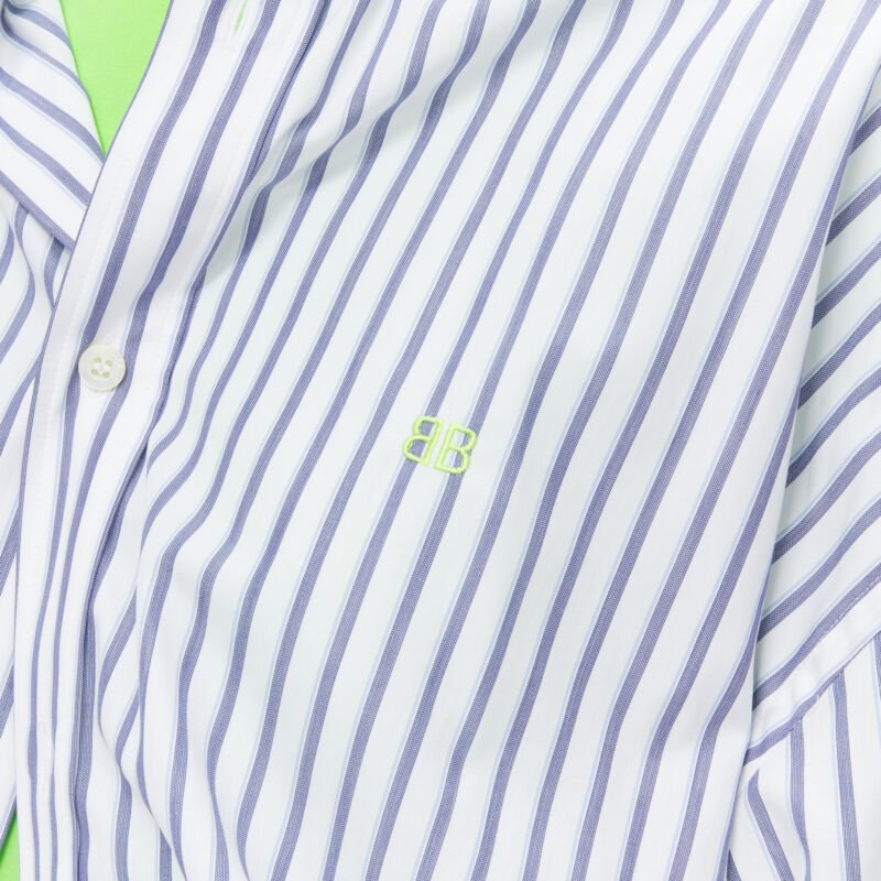 BALENCIAGA 2017 green tshirt blue striped shirt 2 way draped top FR34 XS