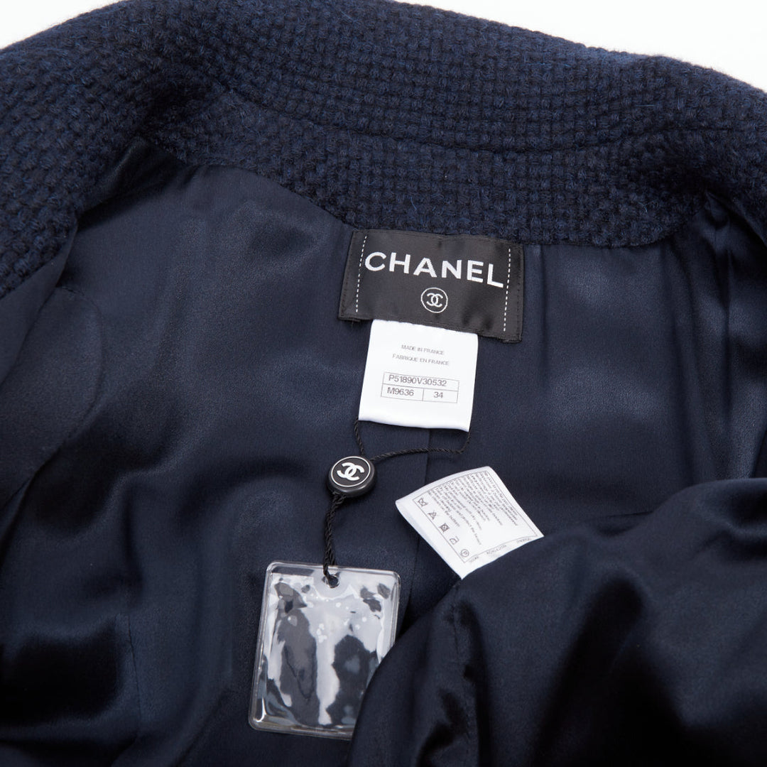 CHANEL 2015 Paris Salzburg navy alpaca blend braid trim open tweed coat FR34 XS