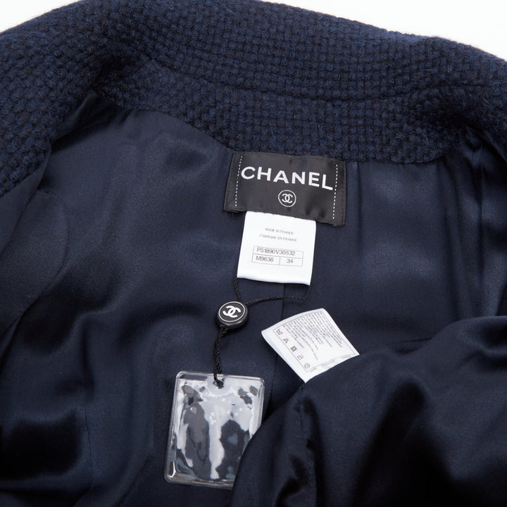 CHANEL 2015 Paris Salzburg navy alpaca blend braid trim open tweed coat FR34 XS