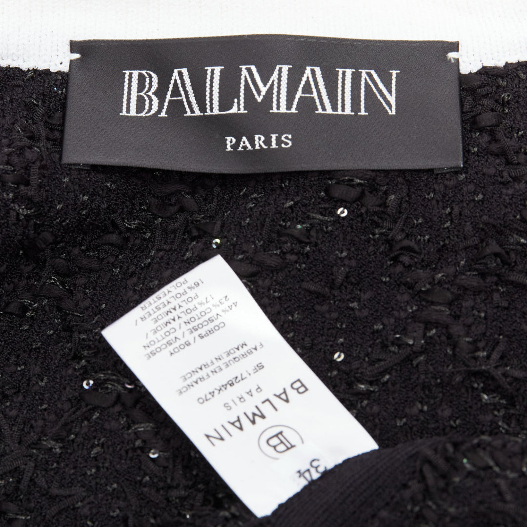 BALMAIN black white metallic tweed 4 pockets cropped blazer jacket FR34 XS