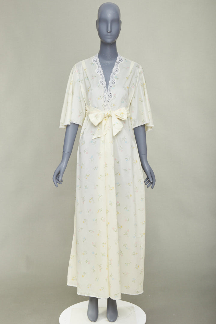 CHRISTIAN DIOR Vintage Sleepwear floral lace trim pastel yellow peignoir robe